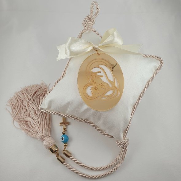 Διακοσμητικό φυλακτό εικόνα Παναγίας πάνω σε εκρού μαξιλάρι - ΚΙΤΡΙΝΟ, ΑΣΗΜΙ - 1