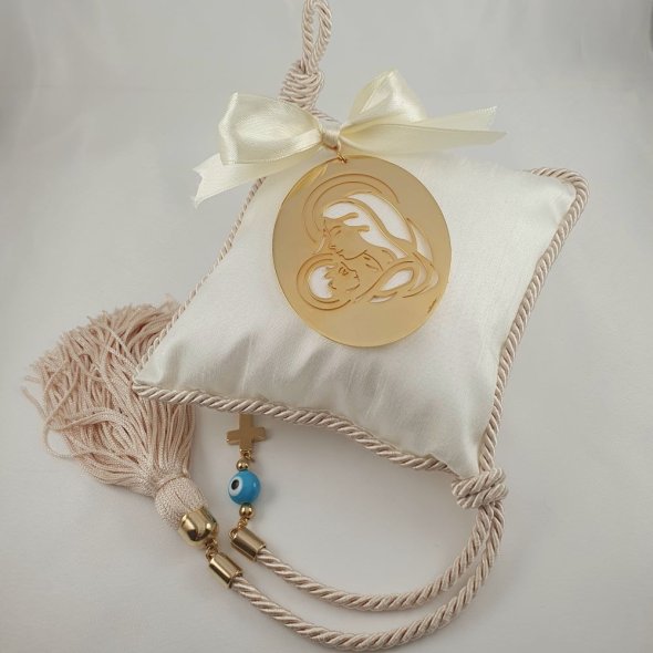 Διακοσμητικό φυλακτό εικόνα Παναγίας πάνω σε εκρού μαξιλάρι - ΚΙΤΡΙΝΟ, ΑΣΗΜΙ