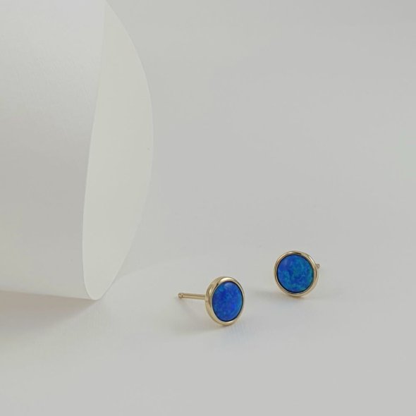 Σκουλαρίκια κολλητά στρόγγυλα με μπλε Οπάλιο - ΚΙΤΡΙΝΟ, ΑΣΗΜΙ