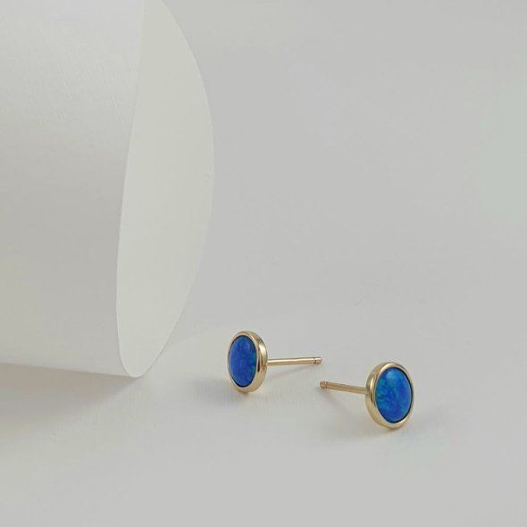 Σκουλαρίκια κολλητά στρόγγυλα με μπλε Οπάλιο - ΚΙΤΡΙΝΟ, ΑΣΗΜΙ - 1