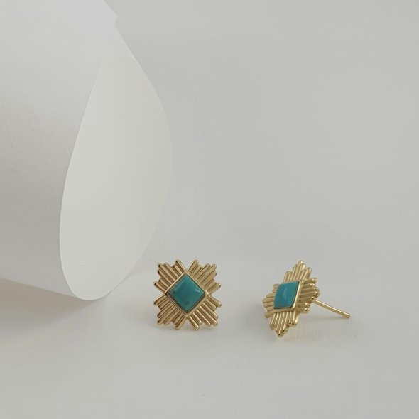 Σκουλαρίκια κολλητά ανάγλυφα με Τιρκουάζ - ΚΙΤΡΙΝΟ, ΑΣΗΜΙ, ΤΙΡΚΟΥΑΖ, TURQUOISE - 1