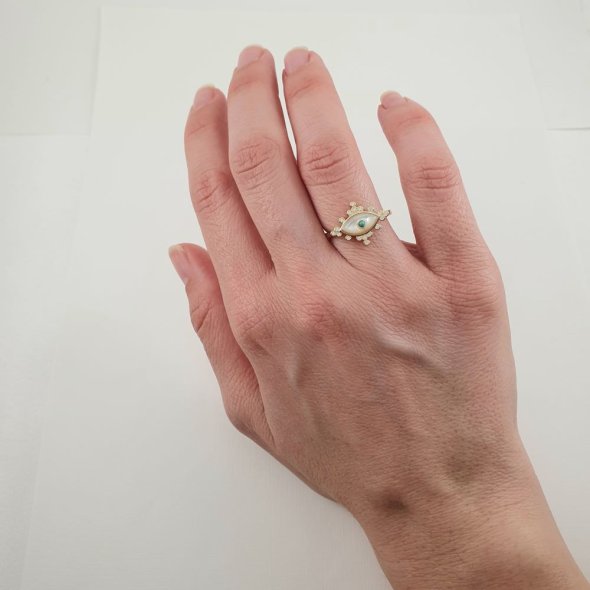 Δαχτυλίδι μάτι με Τιρκουάζ, Φίλντισι & Ζιργκον - ΚΙΤΡΙΝΟ, ΑΣΗΜΙ, MOTHER OF PEARL, WHITE, ΤΙΡΚΟΥΑΖ, TURQUOISE - 2