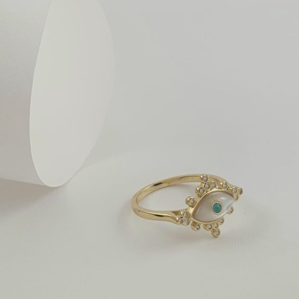 Δαχτυλίδι μάτι με Τιρκουάζ, Φίλντισι & Ζιργκον - ΚΙΤΡΙΝΟ, ΑΣΗΜΙ, MOTHER OF PEARL, WHITE, ΤΙΡΚΟΥΑΖ, TURQUOISE - 1