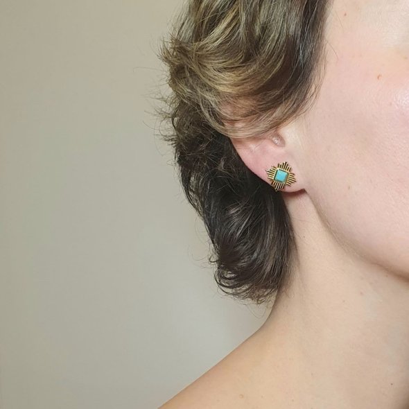 Σκουλαρίκια κολλητά ανάγλυφα με Τιρκουάζ - ΚΙΤΡΙΝΟ, ΑΣΗΜΙ, ΤΙΡΚΟΥΑΖ, TURQUOISE - 2