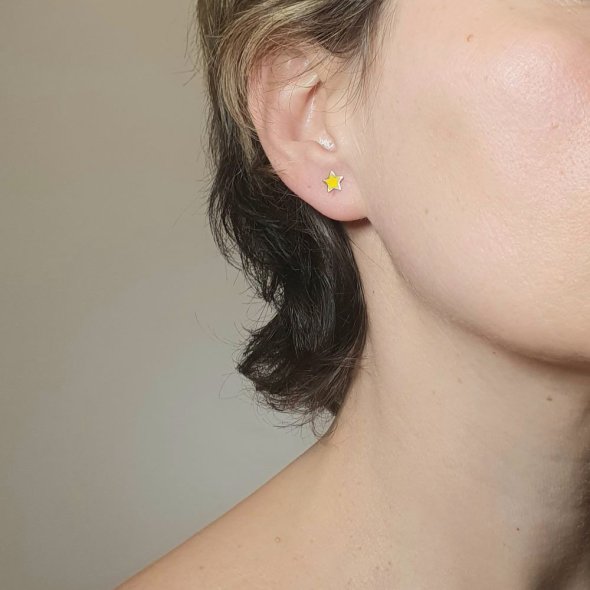 Σκουλαρίκια κολλητά αστέρια με κίτρινο Σμάλτο - ΚΙΤΡΙΝΟ, ΑΣΗΜΙ, ΖΙΡΓΚΟΝ, YELLOW - 2