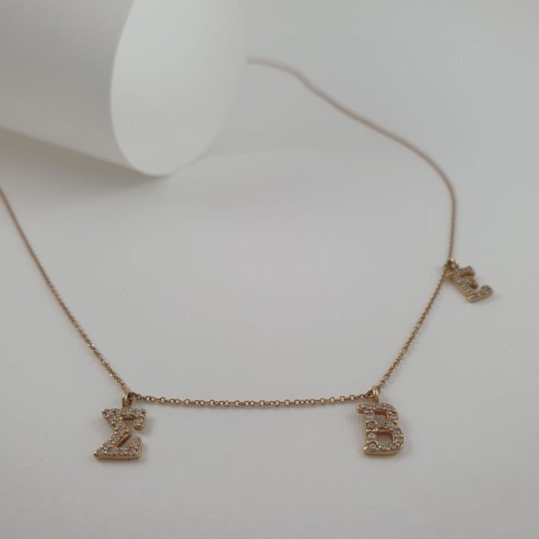 Κολιέ αλυσίδα χρυσή με μονογράμματα Σ Β Ε με λευκά Ζιργκον - ΚΙΤΡΙΝΟ, ΧΡΥΣΟΣ K14, ΖΙΡΓΚΟΝ, WHITE