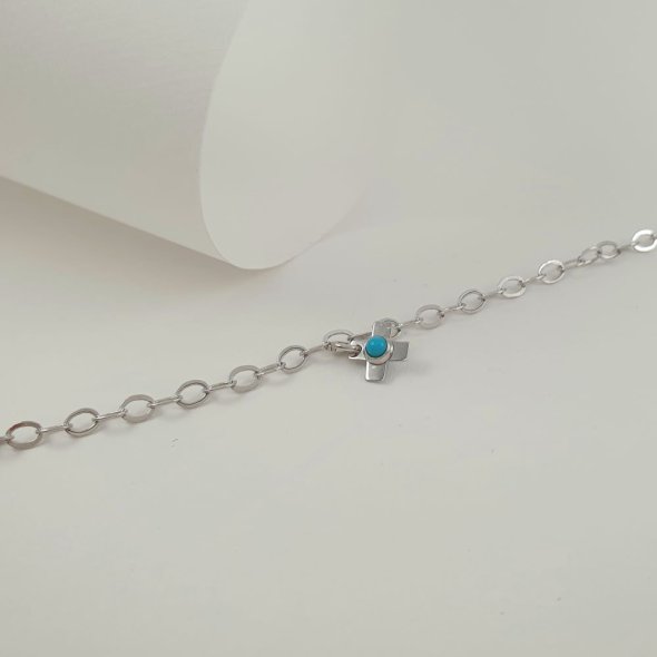 Βραχιόλι αλυσίδα λευκόχρυση με κρεμαστό σταυρουδάκι με Τιρκουαζ   - ΛΕΥΚΟ, ΧΡΥΣΟΣ K14, ΤΙΡΚΟΥΑΖ, TURQUOISE - 1