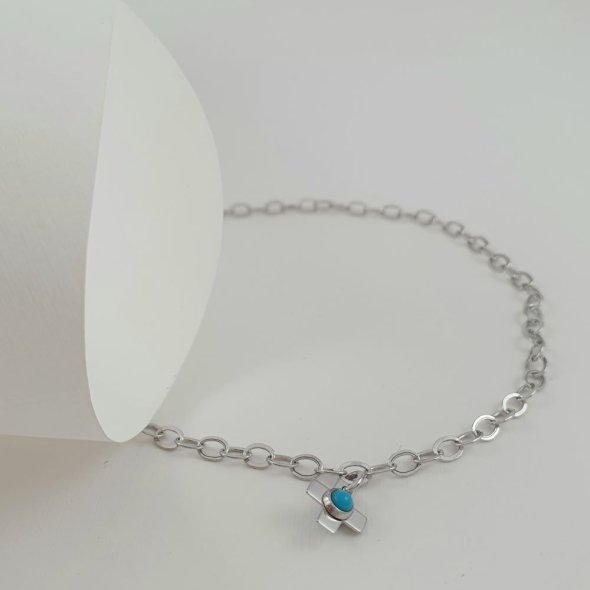 Βραχιόλι αλυσίδα λευκόχρυση με κρεμαστό σταυρουδάκι με Τιρκουαζ   - ΛΕΥΚΟ, ΧΡΥΣΟΣ K14, ΤΙΡΚΟΥΑΖ, TURQUOISE