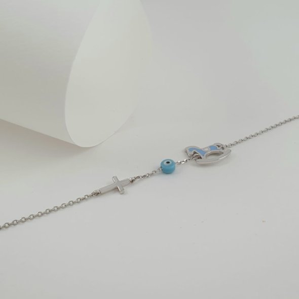 Βραχιόλι αλυσίδα λευκόχρυση με σταυρουδάκι, ματάκι & αλογάκι με γαλάζιο Σμάλτο - ΛΕΥΚΟ, ΧΡΥΣΟΣ K9, ΣΜΑΛΤΟ, LIGHT BLUE - 1