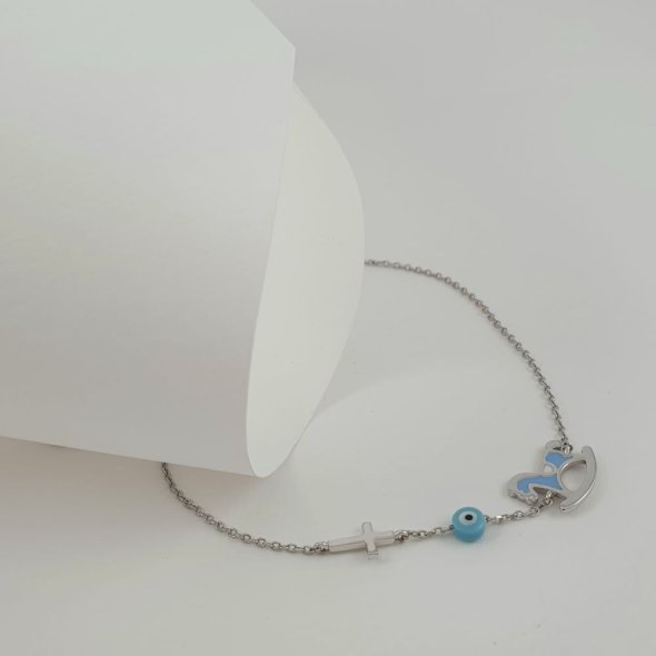 Βραχιόλι αλυσίδα λευκόχρυση με σταυρουδάκι, ματάκι & αλογάκι με γαλάζιο Σμάλτο - ΛΕΥΚΟ, ΧΡΥΣΟΣ K9, ΣΜΑΛΤΟ, LIGHT BLUE