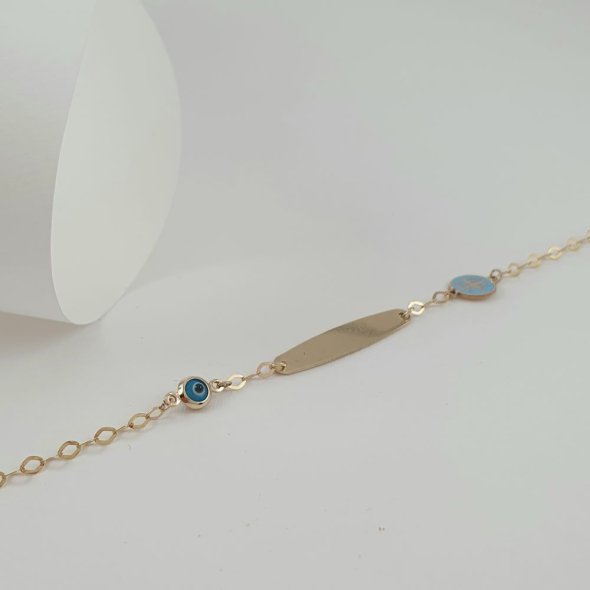 Βραχιόλι αλυσίδα χρυσή ταυτότητα με ματάκι από Μουράνο & Κωνσταντινάτο με γαλάζιο Σμάλτο - ΚΙΤΡΙΝΟ, ΧΡΥΣΟΣ K9, ΜΟΥΡΑΝΟ, BLUE, ΣΜΑΛΤΟ, LIGHT BLUE - 1