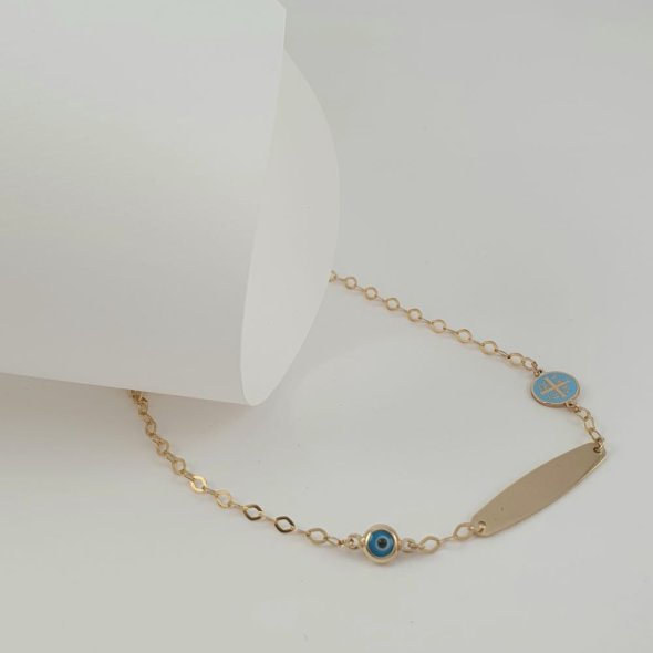 Βραχιόλι αλυσίδα χρυσή ταυτότητα με ματάκι από Μουράνο & Κωνσταντινάτο με γαλάζιο Σμάλτο - ΚΙΤΡΙΝΟ, ΧΡΥΣΟΣ K9, ΜΟΥΡΑΝΟ, BLUE, ΣΜΑΛΤΟ, LIGHT BLUE