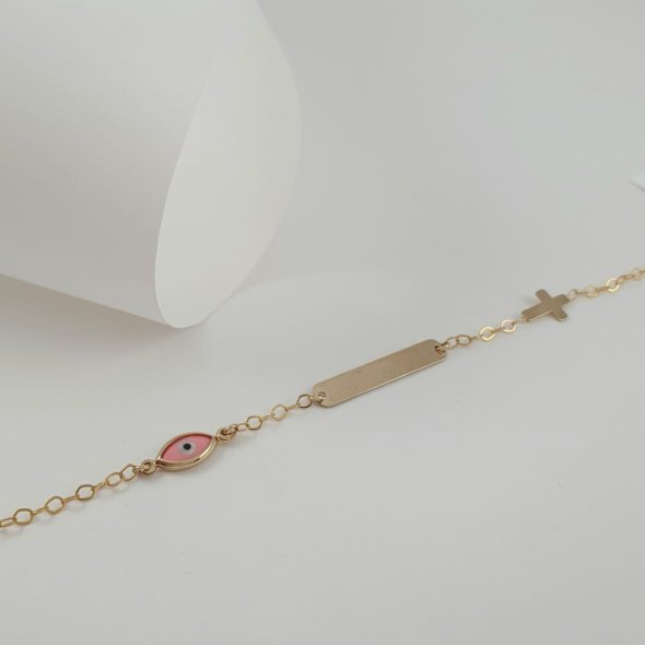 Βραχιόλι ταυτότητα με σταυρουδάκι & ματάκι από Φίλντισι & ροζ Σμάλτο - ΚΙΤΡΙΝΟ, ΧΡΥΣΟΣ K9, MOTHER OF PEARL, WHITE, ΣΜΑΛΤΟ, PINK - 1