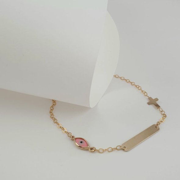 Βραχιόλι ταυτότητα με σταυρουδάκι & ματάκι από Φίλντισι & ροζ Σμάλτο - ΚΙΤΡΙΝΟ, ΧΡΥΣΟΣ K9, MOTHER OF PEARL, WHITE, ΣΜΑΛΤΟ, PINK