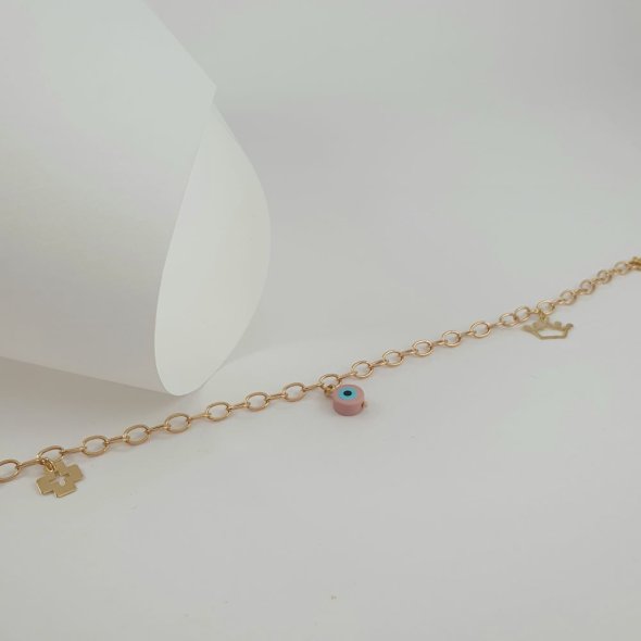 Βραχιόλι αλυσίδα χρυσή με σταυρουδάκι, κορώνα & ματάκι από ροζ & γαλάζιο Σμάλτο - ΚΙΤΡΙΝΟ, ΧΡΥΣΟΣ K14, ΣΜΑΛΤΟ, PINK, ΣΜΑΛΤΟ, LIGHT BLUE - 1