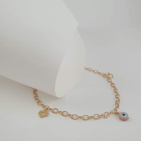 Βραχιόλι αλυσίδα χρυσή με σταυρουδάκι, κορώνα & ματάκι από ροζ & γαλάζιο Σμάλτο - ΚΙΤΡΙΝΟ, ΧΡΥΣΟΣ K14, ΣΜΑΛΤΟ, PINK, ΣΜΑΛΤΟ, LIGHT BLUE