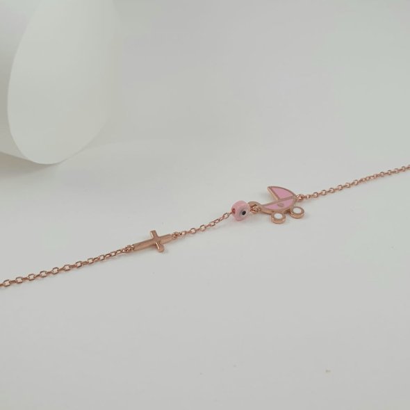 Βραχιόλι αλυσίδα χρυσή με σταυρουδάκι, ματάκι & καροτσάκι από ροζ Σμάλτο - ΚΙΤΡΙΝΟ, ΧΡΥΣΟΣ K9, ΣΜΑΛΤΟ, PINK - 1