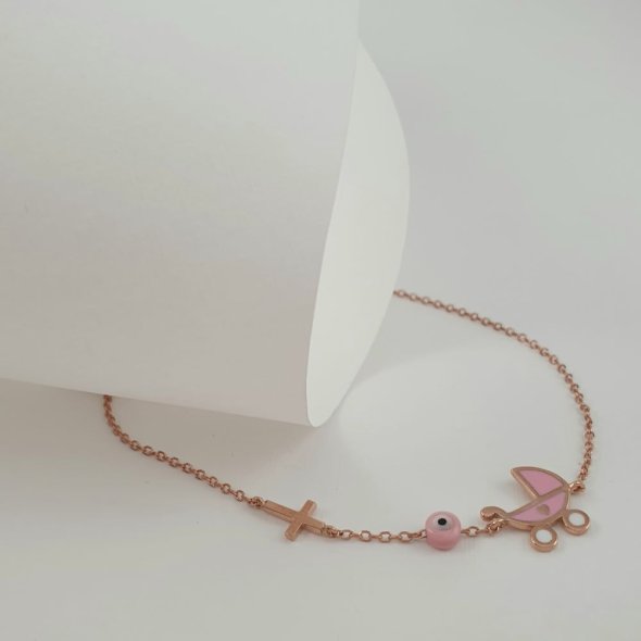 Βραχιόλι αλυσίδα χρυσή με σταυρουδάκι, ματάκι & καροτσάκι από ροζ Σμάλτο - ΚΙΤΡΙΝΟ, ΧΡΥΣΟΣ K9, ΣΜΑΛΤΟ, PINK