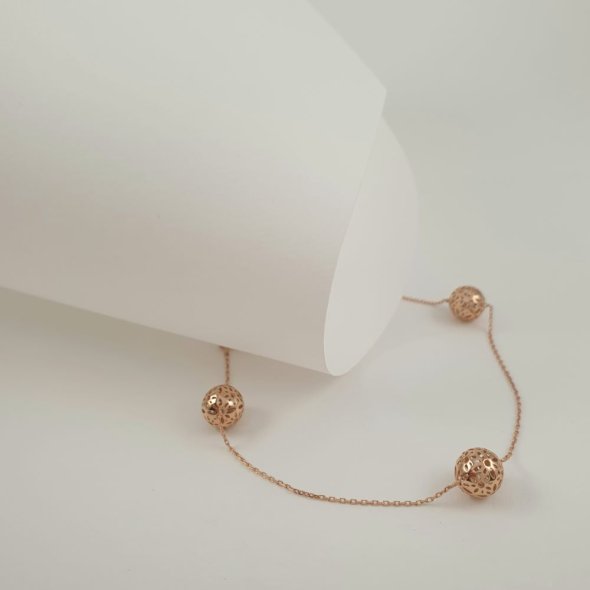 Βραχιόλι αλυσίδα ροζ χρυσή με τρεις ανάγλυφες σφαίρες & λευκό Ζιργκον - ΡΟΖ, ΧΡΥΣΟΣ K14, ΖΙΡΓΚΟΝ, WHITE