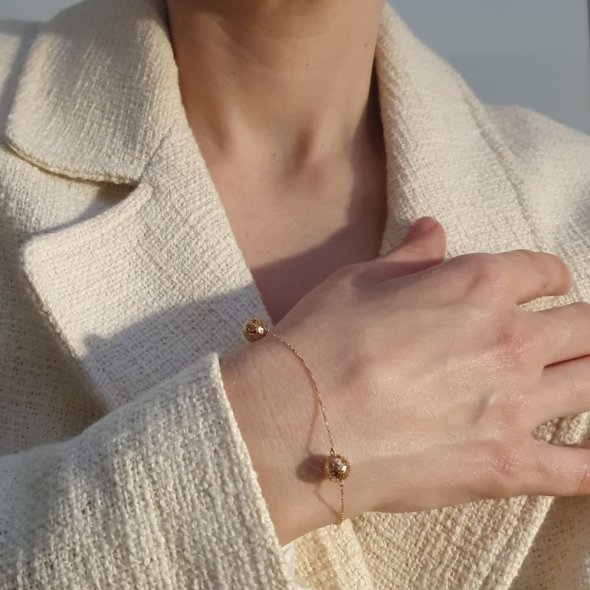 Βραχιόλι αλυσίδα ροζ χρυσή με τρεις ανάγλυφες σφαίρες & λευκό Ζιργκον - ΡΟΖ, ΧΡΥΣΟΣ K14, ΖΙΡΓΚΟΝ, WHITE - 2