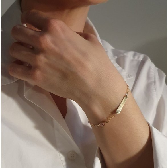 Βραχιόλι ταυτότητα με σταυρουδάκι & ματάκι από Φίλντισι & ροζ Σμάλτο - ΚΙΤΡΙΝΟ, ΧΡΥΣΟΣ K9, MOTHER OF PEARL, WHITE, ΣΜΑΛΤΟ, PINK - 2