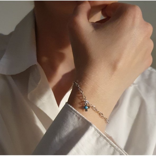 Βραχιόλι αλυσίδα λευκόχρυση με κρεμαστό σταυρουδάκι με Τιρκουαζ   - ΛΕΥΚΟ, ΧΡΥΣΟΣ K14, ΤΙΡΚΟΥΑΖ, TURQUOISE - 2