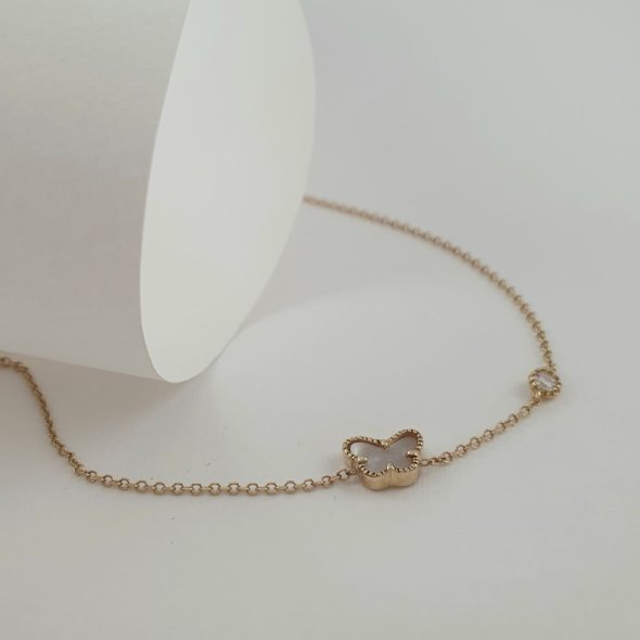 Βραχιόλι αλυσίδα χρυσή με πεταλούδα από Φίλντισι & Ζιργκον - ΚΙΤΡΙΝΟ, ΧΡΥΣΟΣ K9, MOTHER OF PEARL, WHITE