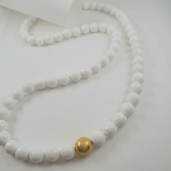 Κολιέ με πέτρες λευκού Αχάτη & λαμπερή σφαίρα - ΚΙΤΡΙΝΟ, ΑΣΗΜΙ, ΑΧΑΤΗΣ, WHITE
