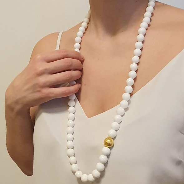 Κολιέ με πέτρες λευκού Αχάτη & λαμπερή σφαίρα - ΚΙΤΡΙΝΟ, ΑΣΗΜΙ, ΑΧΑΤΗΣ, WHITE - 2