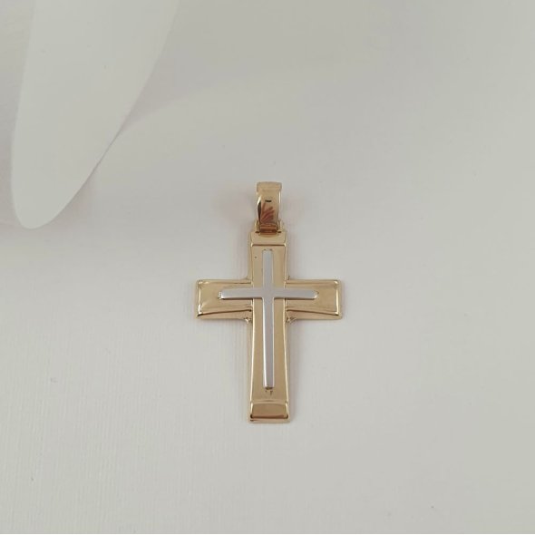 Σταυρός δίχρωμος ματ & γυαλιστερός - ΚΙΤΡΙΝΟ-ΛΕΥΚΟ, ΧΡΥΣΟΣ K14