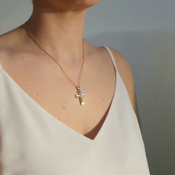 Σταυρός δίχρωμος με τον Εσταυρωμένο - ΚΙΤΡΙΝΟ-ΛΕΥΚΟ, ΧΡΥΣΟΣ K14 - 2