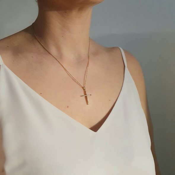 Σταυρός καμπυλωτός γυαλιστερός με Ζιργκον - ΚΙΤΡΙΝΟ, ΧΡΥΣΟΣ K14, ΖΙΡΓΚΟΝ, WHITE - 2