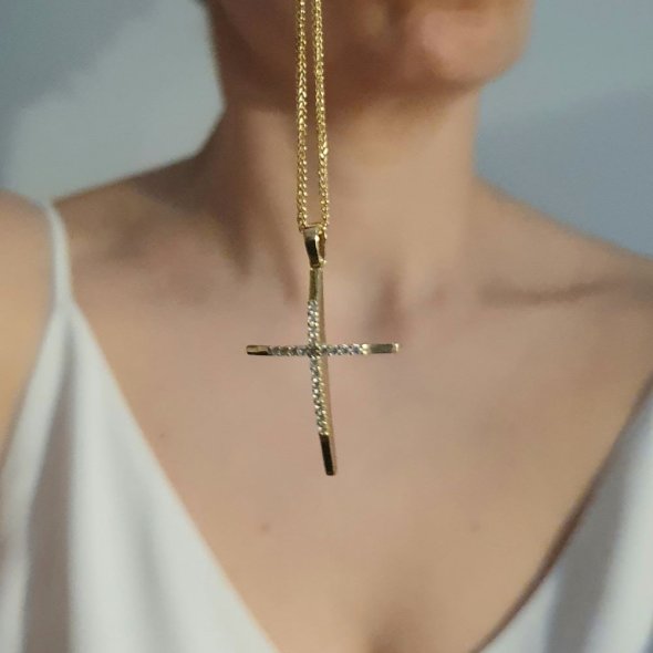 Σταυρός καμπυλωτός γυαλιστερός με Ζιργκον - ΚΙΤΡΙΝΟ, ΧΡΥΣΟΣ K14, ΖΙΡΓΚΟΝ, WHITE - 3