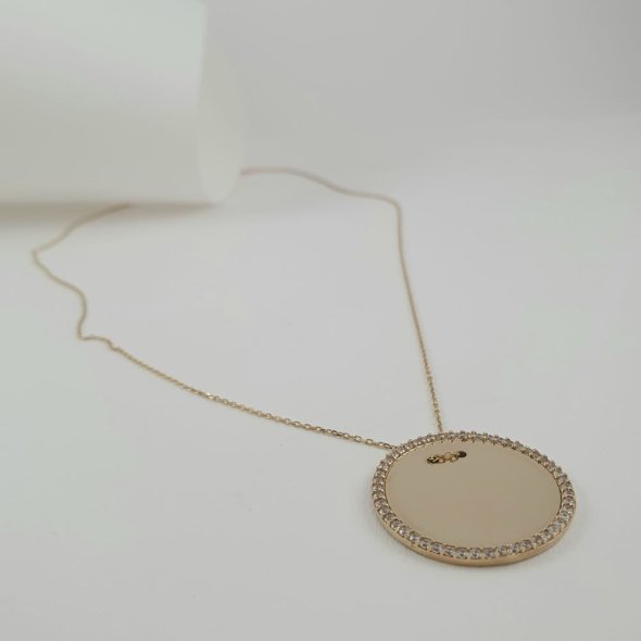 Κολιέ αλυσίδα χρυσό με στρόγγυλο δίσκο με Ζιργκον - ΚΙΤΡΙΝΟ, ΧΡΥΣΟΣ K14, ΖΙΡΓΚΟΝ, WHITE