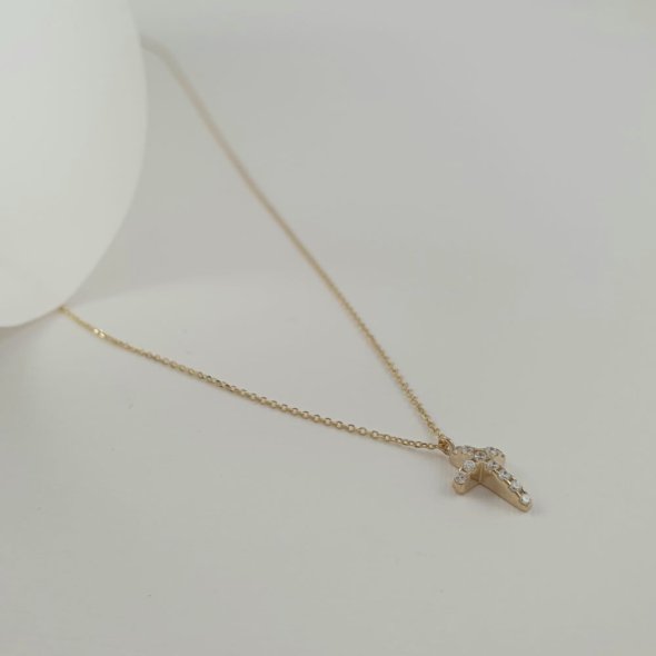 Κολιέ αλυσίδα χρυσή με σταυρουδάκι με λευκά Ζιργκον - ΚΙΤΡΙΝΟ, ΧΡΥΣΟΣ K14, ΖΙΡΓΚΟΝ, WHITE