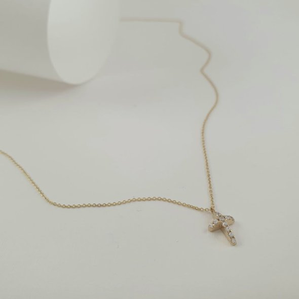 Κολιέ αλυσίδα χρυσή με σταυρουδάκι με λευκά Ζιργκον - ΚΙΤΡΙΝΟ, ΧΡΥΣΟΣ K14, ΖΙΡΓΚΟΝ, WHITE - 2