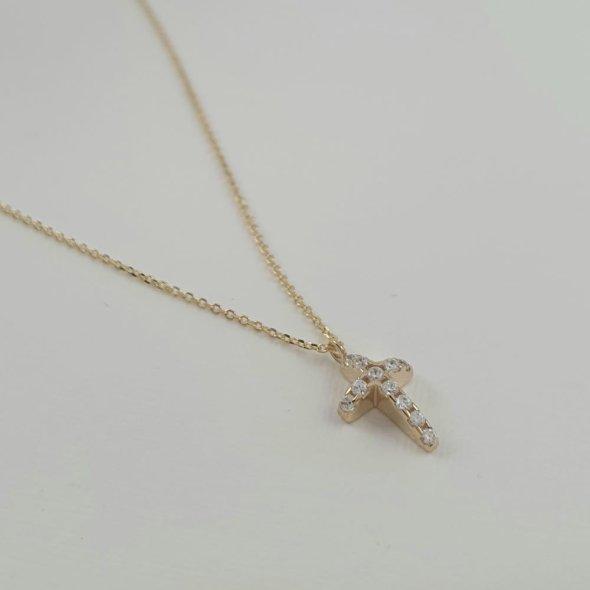 Κολιέ αλυσίδα χρυσή με σταυρουδάκι με λευκά Ζιργκον - ΚΙΤΡΙΝΟ, ΧΡΥΣΟΣ K14, ΖΙΡΓΚΟΝ, WHITE - 1
