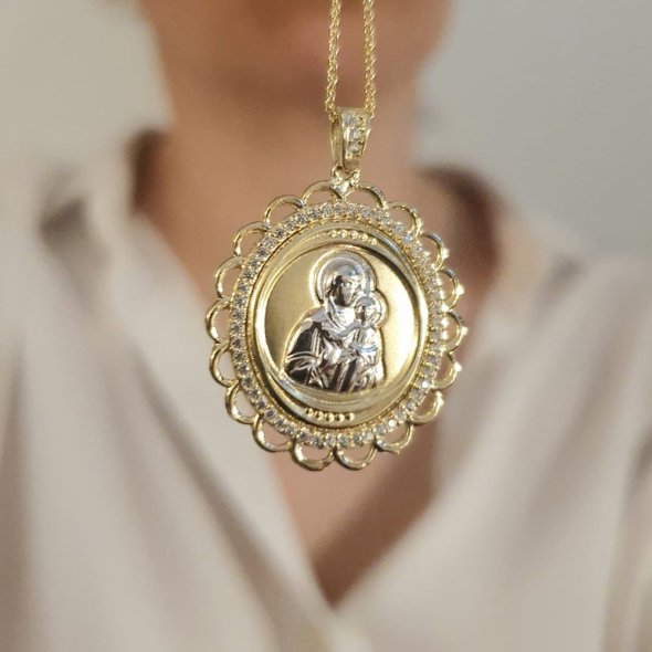 Μενταγιόν Φυλακτό Παναγιά Χρυσό δίχρωμο με Ζιργκον - ΚΙΤΡΙΝΟ-ΛΕΥΚΟ, ΧΡΥΣΟΣ K9, ΖΙΡΓΚΟΝ, WHITE - 2