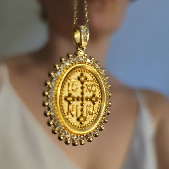 Μενταγιόν φυλακτό Κωνσταντινάτο χρυσό με Ζιργκον - ΚΙΤΡΙΝΟ, ΧΡΥΣΟΣ K9, ΖΙΡΓΚΟΝ, WHITE - 3