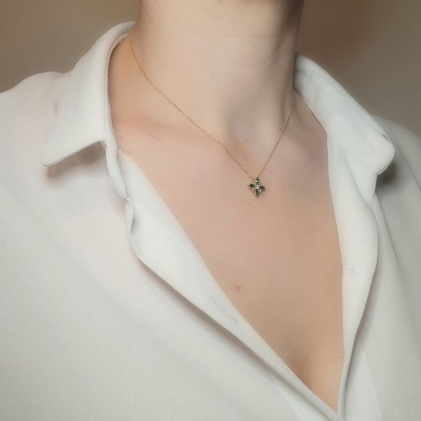 Κολιέ αλυσίδα χρυσή με λουλούδι από άσπρο & πράσινα Ζιργκον - ΚΙΤΡΙΝΟ, ΧΡΥΣΟΣ K9, ΖΙΡΓΚΟΝ, WHITE, ΖΙΡΓΚΟΝ, GREEN  - 2