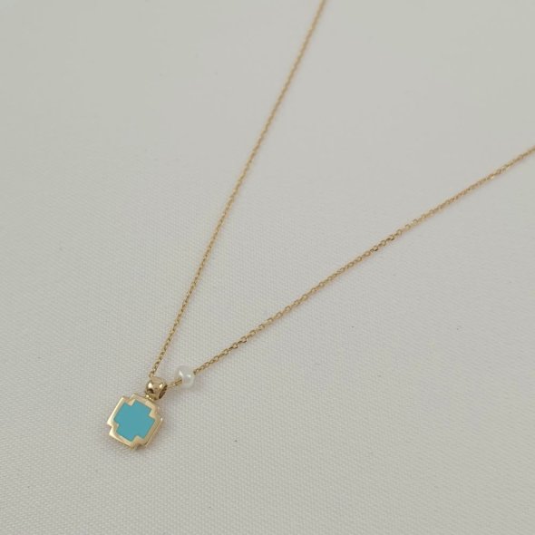 Κολιέ αλυσίδα χρυσή με σταυρό από Τιρκουάζ & Μαργαριτάρι - ΚΙΤΡΙΝΟ, ΧΡΥΣΟΣ K14, ΜΑΡΓΑΡΙΤΑΡΙ, WHITE, ΤΙΡΚΟΥΑΖ, TURQUOISE