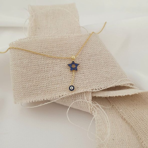 Κολιέ με μπλε αστέρι & μάτι - ΚΙΤΡΙΝΟ, ΑΣΗΜΙ, ΖΙΡΓΚΟΝ, BLUE - 2