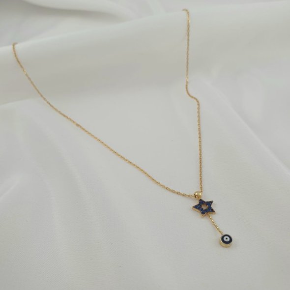 Κολιέ με μπλε αστέρι & μάτι - ΚΙΤΡΙΝΟ, ΑΣΗΜΙ, ΖΙΡΓΚΟΝ, BLUE - 1