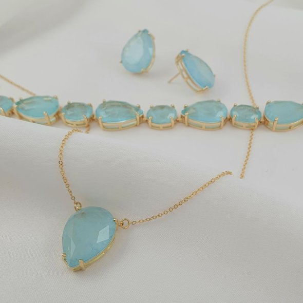 Κολιέ αλυσίδα με πέτρα δάκρυ από γαλάζιο Ζιργκόν - ΚΙΤΡΙΝΟ, ΑΣΗΜΙ, ΖΙΡΓΚΟΝ, LIGHT BLUE - 1