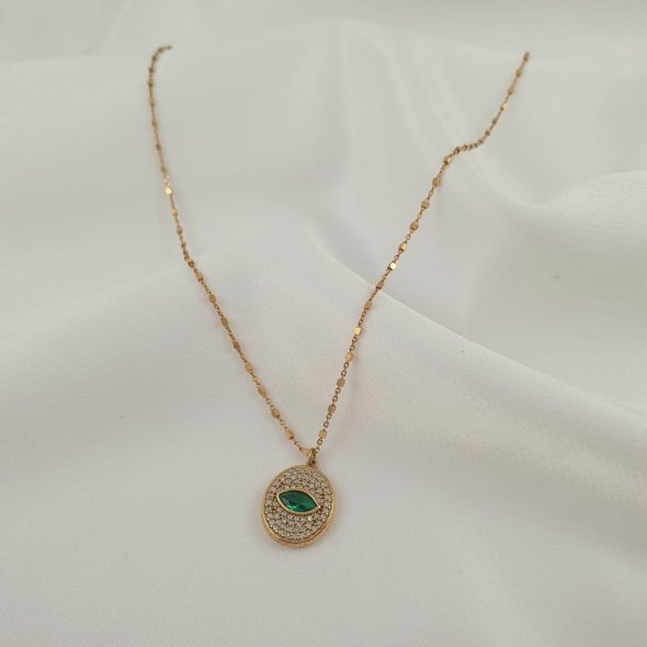 Κολιέ αλυσίδα Μάτι με πράσινο & λευκά Ζιργκόν - ΚΙΤΡΙΝΟ, ΑΣΗΜΙ, ΖΙΡΓΚΟΝ, GREEN , ΖΙΡΓΚΟΝ, WHITE - 1