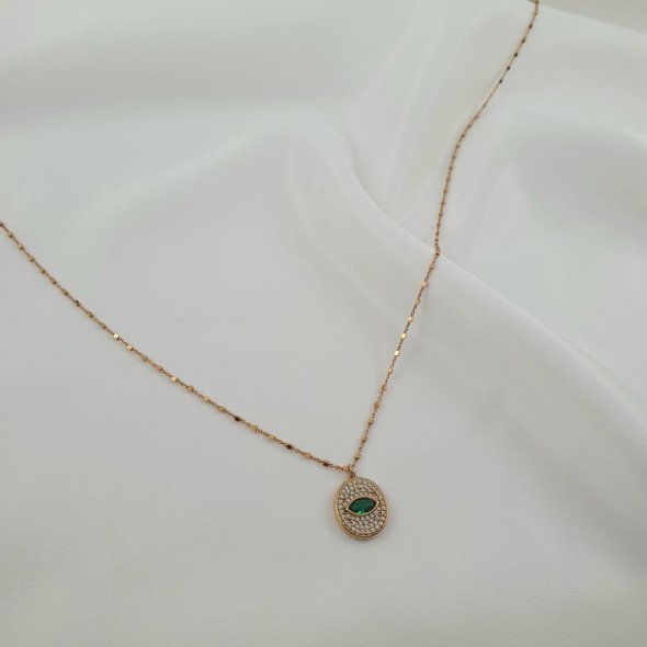 Κολιέ αλυσίδα Μάτι με πράσινο & λευκά Ζιργκόν - ΚΙΤΡΙΝΟ, ΑΣΗΜΙ, ΖΙΡΓΚΟΝ, GREEN , ΖΙΡΓΚΟΝ, WHITE