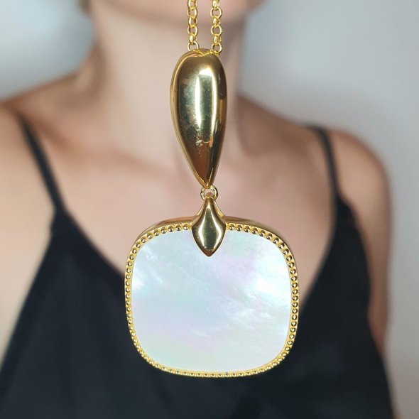 Κολιέ αλυσίδα με μενταγιόν από Φίλντισι - ΚΙΤΡΙΝΟ, ΑΣΗΜΙ, MOTHER OF PEARL, WHITE