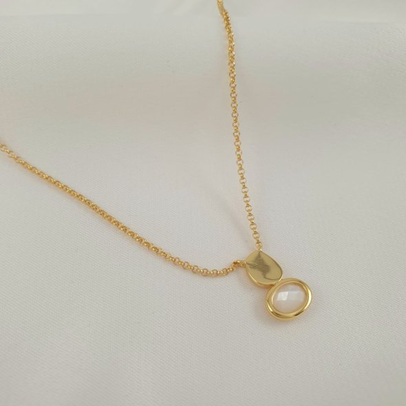 Κολιέ αλυσίδα με οβάλ πέτρα Φίλντισι - ΚΙΤΡΙΝΟ, ΑΣΗΜΙ, MOTHER OF PEARL, WHITE