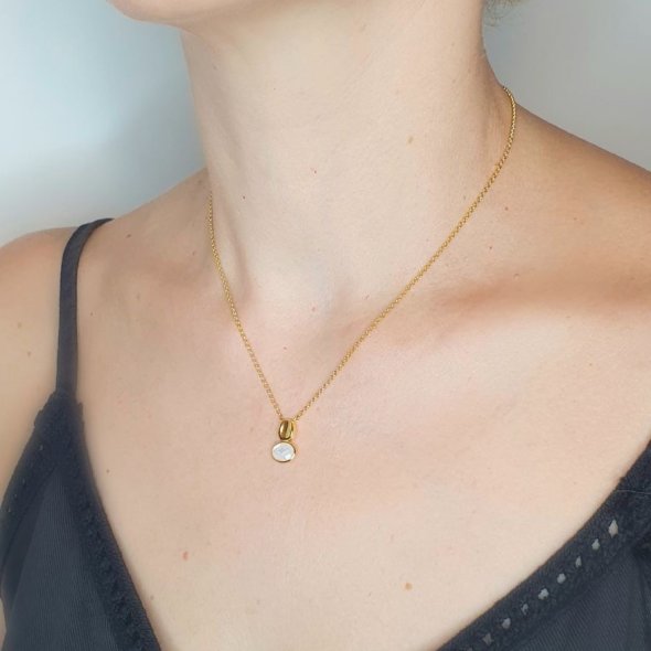 Κολιέ αλυσίδα με οβάλ πέτρα Φίλντισι - ΚΙΤΡΙΝΟ, ΑΣΗΜΙ, MOTHER OF PEARL, WHITE - 2