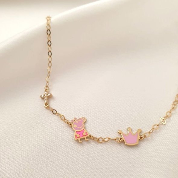 Βραχιόλι παιδικό "Πέππα το Γουρουνάκι" με Στέμμα & Σταυρό - ΚΙΤΡΙΝΟ, ΑΣΗΜΙ, ΣΜΑΛΤΟ, PINK